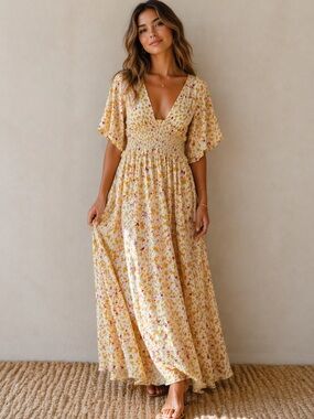 Free People Boho Floral Maxi Dress with Plunging Neckline – Size Large